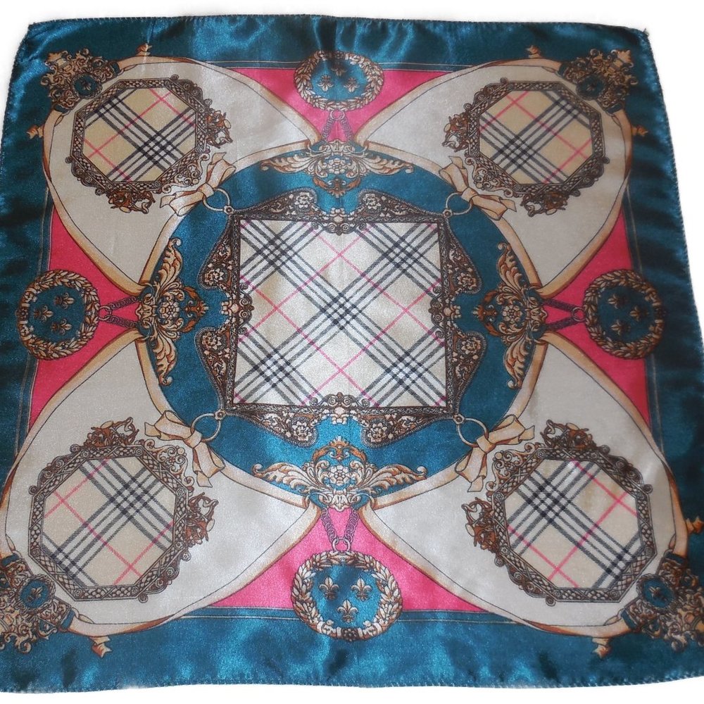 Scarf 19" x 19" Small Square Neckerchief Satin teal-pink-ivory classic print
